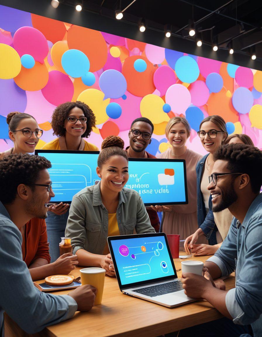 A diverse group of people, representing various ages and backgrounds, gathered around a large digital screen displaying engaging content, symbolizing thought leadership and online community. Warm and inviting atmosphere with conversation bubbles and social media icons floating around, depicting interaction. Include elements like laptops and coffee cups to create a casual feel. super-realistic. vibrant colors. 3D.