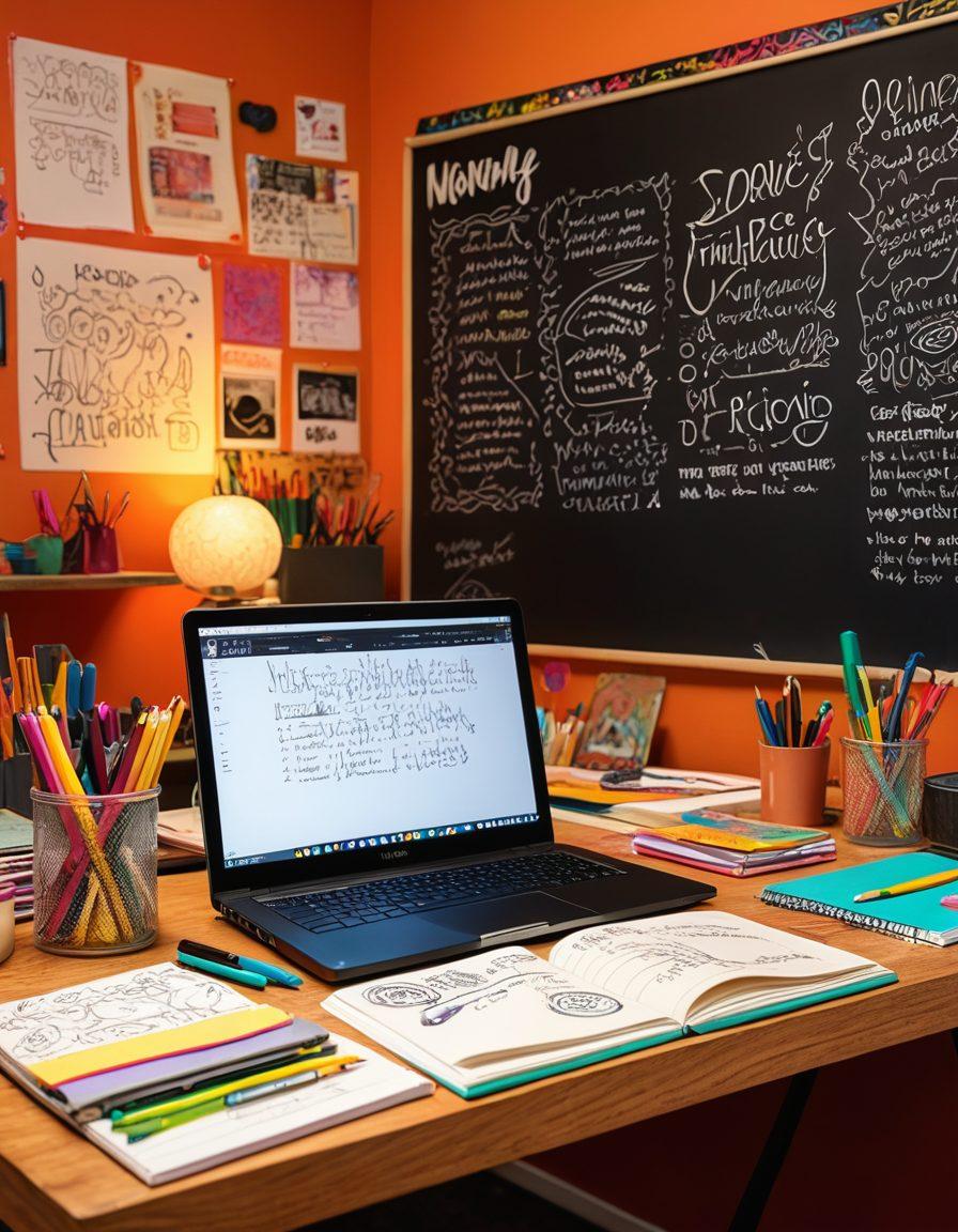 A vibrant workspace filled with colorful stationery, a laptop with doodles and ideas sketched around it, and an open notebook with handwritten notes. The background showcases a large chalkboard filled with inspirational quotes and sketches, symbolizing creativity and transformation. Soft, warm lighting creates a welcoming atmosphere. super-realistic. vibrant colors. warm tones.