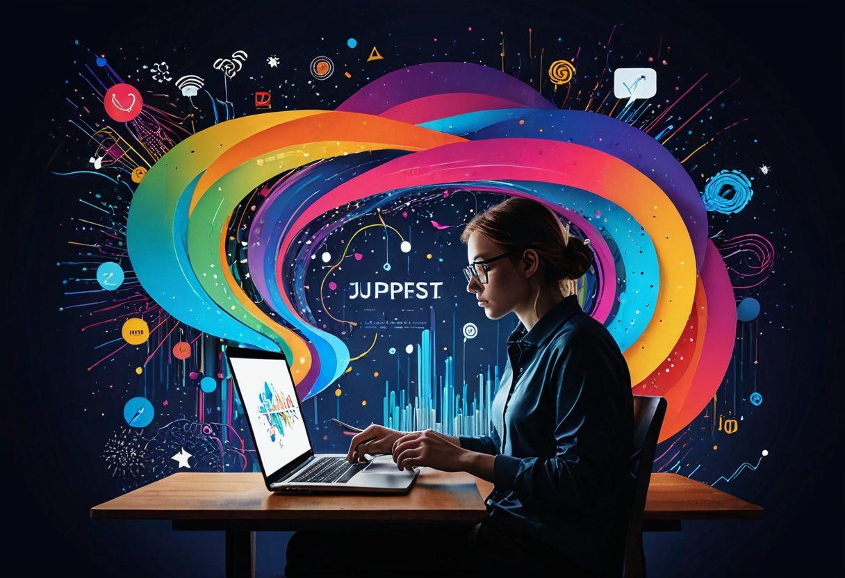A vibrant digital collage showcasing a storyteller at a laptop surrounded by swirling colorful data visualizations, social media icons, and narrative elements, symbolizing the transformation of insights into impactful storytelling. The background features a blend of digital landscapes with flowing text and graphs. 3D effect. vibrant colors.
